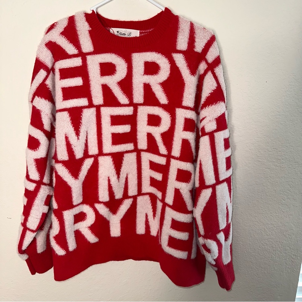 Women’s Hattie B red/white “Merry” pullover sweater